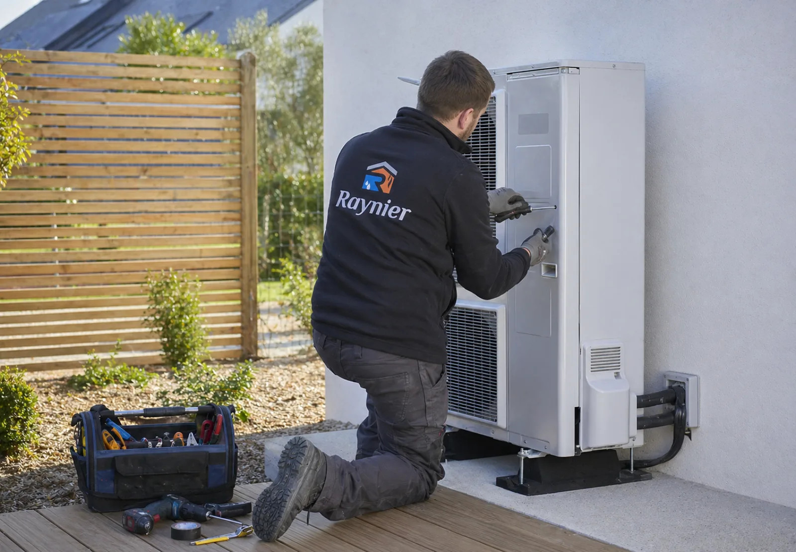 Technicien Installateur Climatisation Aude en train de poser l'unité extérieure d'une climatisation réversible sur terrasse, chantier à Carcassonne